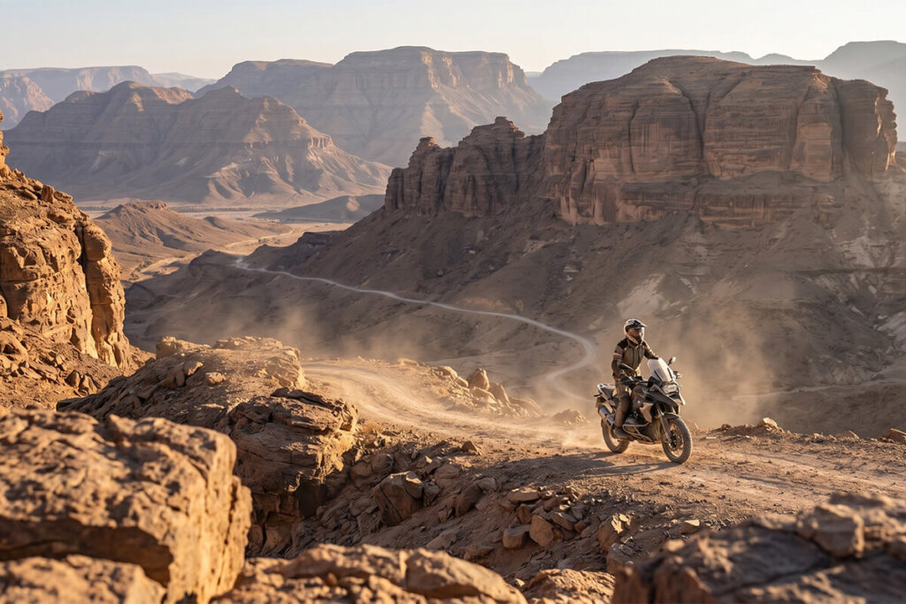 Motorista con casco adventure trail en ruta offroad